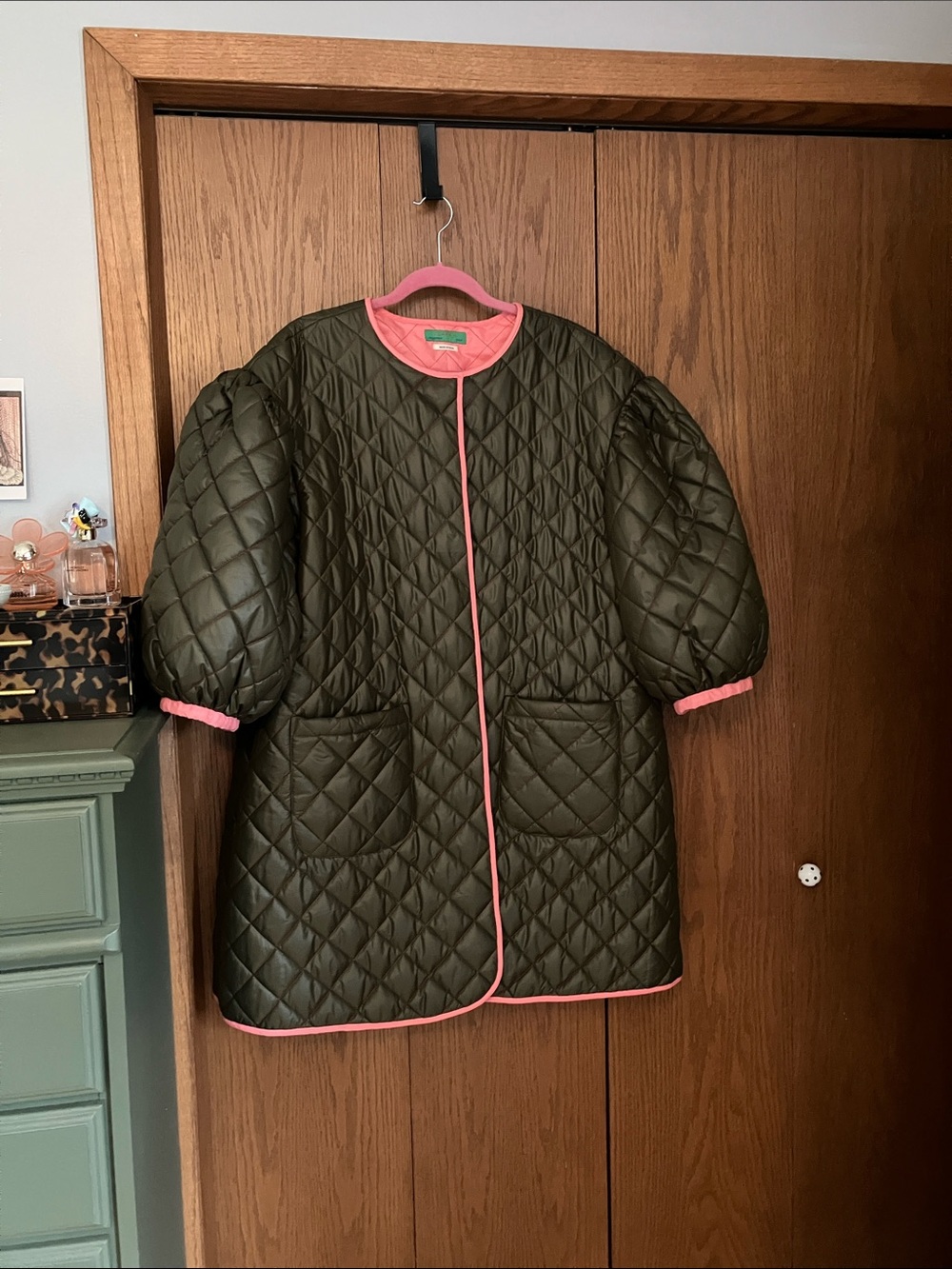 Clare V Olive Quilted Puff-Sleeve Coat with Pink Trim Rare!